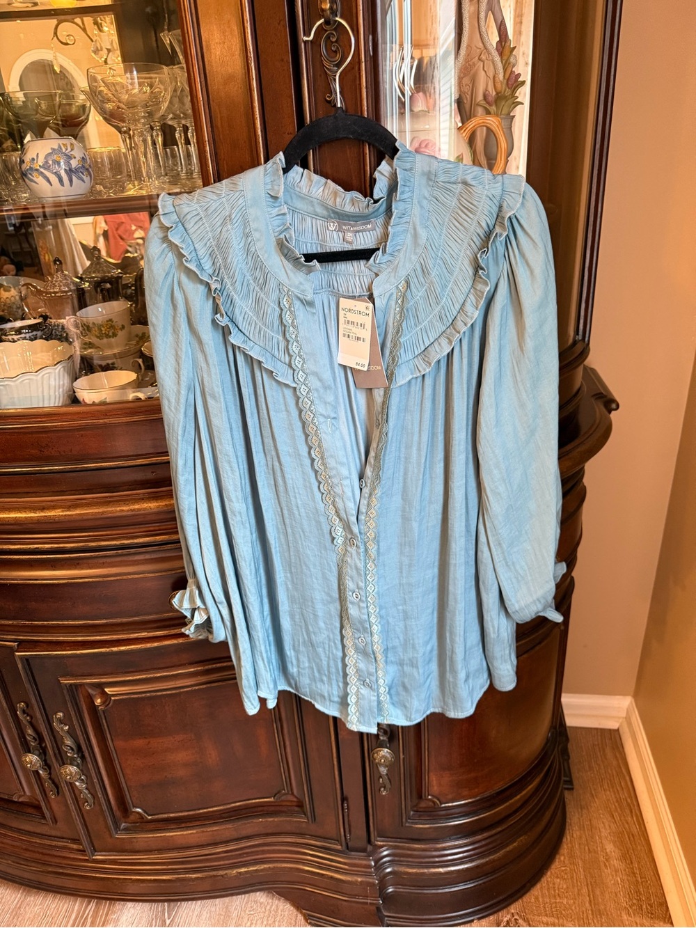 Wit & Wisdom Soft Blue Ruffle-Neck Button Blouse